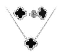Evensee Argent 925 Trèfle à Quatre Feuilles Boucles d'Oreilles et Collier avec Onyx Noir, Bijoux Élégants Cadeau pour Femme Fiancée Noël Anniversaire