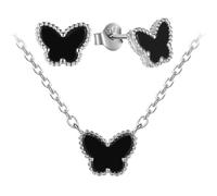 Evensee Papillon Boucles d'Oreille et Collier Set Argent 925 Onyx Noir, Rhodié Hypoallergénique Bijoux Femme, Cadeau Saint Valentin Fête des Mères Mariage