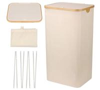 Event Decor Shop Grand panier à linge pliable beige de 100 l avec couvercle - Panier à linge pliable en bambou et tissu pour chambre à coucher, dortoir, buanderie ou salle de bain - Solution portable