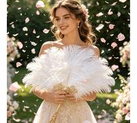Éventail à main de luxe en plumes de style palais antique avec manche incrusté de diamants & perles dorées, retour à l'école, éventail à main portable élégant, accessoire photo idéal, accessoire parfa