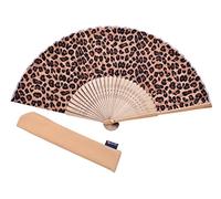 Éventail à main en bambou avec motif imprimé pliable en coton pour fête, cadeau de mariage avec housse de ventilateur., Bambou, léopard