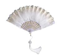 Éventail à Main en Dentelle Vintage avec Glands, éventail plié avec Plumes, Noir/Blanc, pour Les fêtes de Carnaval et Les soirées dansantes ! (Blanc -Plume)