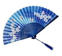 Éventail bleu clair à motif floral magnolia livré avec sac d'éventail, motifs vintage en soie et dentelle japonaise avec cadres en bambou, éventails pliants à main, parfaits pour les mariages, les