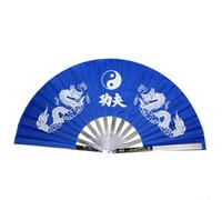 Éventail d'arts martiaux chinois avec ruban en acier inoxydable et soie pour la pratique du Kung Fu et du Tai Chi avec motifs de dragon traditionnels (bleu)