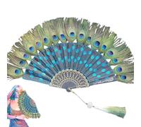 Éventail élégant en Plumes de Paon, éventail Vintage Pliable pour Les fêtes, Les Costumes d'halloween et la décoration intérieure au Design Art déco (Bleu lac)