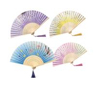 Eventail en Bambou, Lot de 4 modèles Fleuris | Structure bambou ajourée, éventail avec pompon, 21cm fermé, eventail japonais pour l'été et décoration