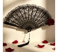 Éventail en dentelle espagnole vintage élégant, éventail pliant de style européen luxueux avec rose, accessoire élégant pour convention anime, éventail décoratif de style chinois traditionnel Taille U