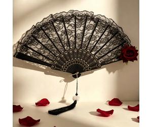 Éventail en dentelle espagnole vintage élégant, éventail pliant de style européen luxueux avec rose, accessoire élégant pour convention anime, éventail décoratif de style chinois traditionnel Taille U