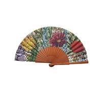 Éventail Espagnol Flores - Bois et Coton - 23 cm - Étui et Housse en Jute - Accessoire de Mode - Fait Main en Espagne - Événements et Cadeaux - Collection Patchwork - Tusitala Barcelona