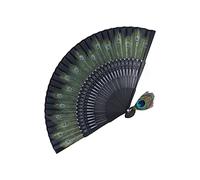 Éventail Espagnol Grand Éventail Vert, Éventail Pliant Os Noirs Beau Motif de Paon Éventail à Main en Bambou Antique pour Performance Vêtements Décoration