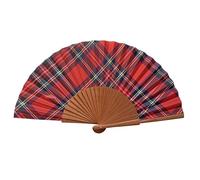Éventail Espagnol Tartán Rojo - Bois et Coton - 23 cm - Étui et Housse en Jute - Accessoire de Mode - Fait Main en Espagne - Événements et Cadeaux - Notre Collection Classiques - Tusitala Barcelona