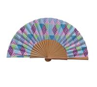 Éventail Espagnol Trígono - Bois et Coton - 23 cm - Étui et Housse en Jute - Accessoire de Mode - Fait Main en Espagne - Événements et Cadeaux - Collection Patchwork - Tusitala Barcelona
