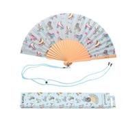 fisura. - Éventail original avec dessin de patins. Éventail en bois moderne et amusant. Éventail bleu. Dimensions : 42,5 X 23 centimètres. Matériau : Bois et textile.