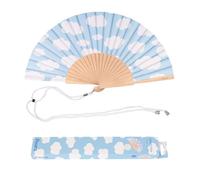 Fisura - Éventail en bois avec imprimé nuages. Accessoire élégant et tendance, ventilateur de poche bleu avec crochet inclus. Idéal pour affronter la chaleur avec style. Taille : 42,5 x 23 cm