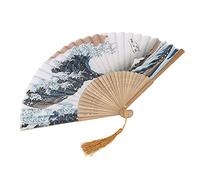 Éventail Japonais, Peinture Vagues élégante Bambou rétro, Décoration intérieure Bureau Maison, Accessoire Danse léger Pliable, en Bambou véritable pour Espace Professionnel
