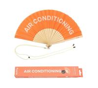 Fisura - Éventail original avec message en français "air conditionné". Éventail moderne et amusant en bois. Éventail pliant orange et blanc. Dimensions : 42,5 x 23 cm. Bois et textile.