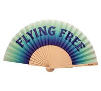 Éventail original avec message ""Flying free"". Éventail en bois moderne et amusant. Éventail avec un camaïeu de bleu. Mesures : 42,5