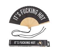 Éventail original avec message ""P***** de chaleur"". Éventail en bois moderne et amusant. Éventail noir. Mesures : 42,5 x 23 -