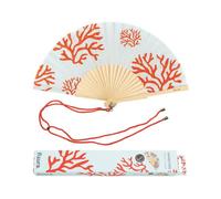 Éventail original avec motif de ""Coraux"". Éventail en bois moderne et amusant. Éventail blanc et rouge. Mesures : 42,5 x 23 -