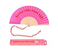 Fisura - Éventail en bois design avec message “better late than ugly”. Accessoire coloré et moderne. Ventilateur de poche rouge et rose avec crochet pratique. Dimensions : 42,5 x 23 cm