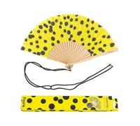 Fisura - Éventail Original à Motif à Pois. Éventail Moderne en Bois coloré. Éventail avec Cordon pour éventail. Éventail Jaune et Noir. Dimensions : 42,5 x 23 cm.