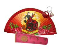 Éventail pliable avec housse en bambou et tissu ou en bois avec motif imprimé (avec housse fuchsia)