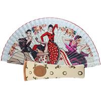 Éventail pliable avec housse en tissu imprimé en coton sur bois, dessins de la culture espagnole (flamand, toreros, taureaux, danseurs, etc.) (4 danseurs)
