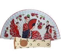 Éventail pliable avec housse en tissu imprimé en coton sur bois, dessins de la culture espagnole (flamand, toreros, taureaux, danseurs, etc.) (3 danseurs rouge)