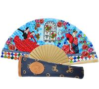 Éventail Pliable avec Housse. Tissu en Coton Imprimée sur Bois. Dessins de la Culture Espagnole (Flamenco, Toreros, Toros, Bailaores, etc...) (Housse Bleue)