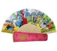 Éventail pliable avec housse, tissu imprimé en coton sur bois, dessins de la culture espagnole (flamand, toreros, taureaux, danseurs, etc.) (vert housse fuchsia)