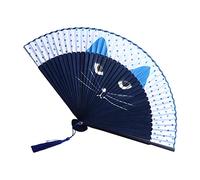 Éventail pliable de style chinois, motif chat dessin animé, éventail pliable décoratif pour la maison (bleu)