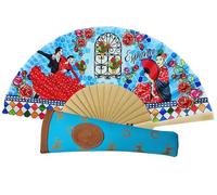 Éventail pliable en bambou et tissu avec housse, motif imprimé sur un côté, avec housse d'éventail fabriquée en Espagne (Brisa Nasri)