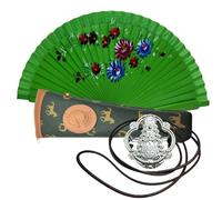 Éventail pliable en bois avec fleurs peintes à la main avec housse et suspension. Housse en toile avec filet et suspension métallique (rose argenté)