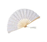 Éventail pliable en dentelle avec nervures ajourées et pompons, 42 cm, élégant éventail à main pour spectacles de danse, bal, bal masqué et cadeau de fête de mariage (blanc)