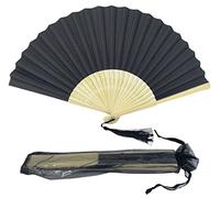Éventail pliable en papier avec pompon et baleines en bambou de qualité A pour femmes et filles, cadeau d'anniversaire, de mariage (noir)