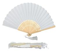 Éventail pliable en papier avec pompon et baleines en bambou de qualité A pour femmes et filles, cadeau d'anniversaire, de mariage (blanc)