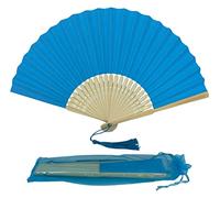Éventail pliable en papier avec pompon et baleines en bambou de qualité A pour femmes et filles, cadeau d'anniversaire, de mariage (bleu ciel)