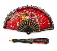 Éventail pliable en plastique/bois et polyester, 23 cm fermé, 42 cm ouvert, couleur unie ou avec motif, idéal pour mariages et événements d'été (motif floral avec dentelle ass./plastique)
