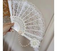 Éventail pliable en plumes de rose de style gothique rétro avec pendentif, éventail pliable classique fait à la main (blanc)