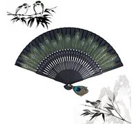Éventail Pliable en Soie avec Plume, Frange et Os Noirs Japonais - Motif de Paon Antique - Bambou, pour Décoration de Maison et Fête