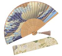 Éventail pliable OMyTea « Paysage » - Style rétro chinois/japonais - Pour femme - Pour mariage, fête ou cadeau - Etui de protection en tissu inclus, Tissu, Kanagawa Sea Waves
