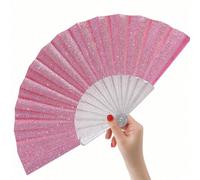 Éventail pliable portable brillant, cadre transparent, tissu à paillettes roses, accessoire d'été, convient pour le carnaval, le festival, le concert, le mariage, les voyages, cadeau de fête Taille Un