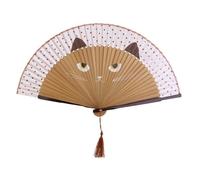 Eventail Pliant en Soie Bamboo Motif Chat(Marron)