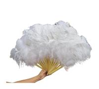 Eventail pliant pour dames, Grand éventail de plumes d'autruche rouges avec bâtons en bambou for décoration de fête d'Halloween de danse du ventre, 13 os(White)