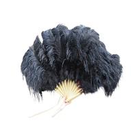 Eventail pliant pour dames, Grand éventail de plumes d'autruche rouges avec bâtons en bambou for décoration de fête d'Halloween de danse du ventre, 13 os(Black)