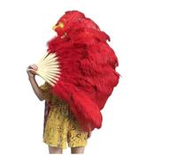 Eventail pliant pour dames, Grand éventail de plumes d'autruche rouges avec bâtons en bambou for décoration de fête d'Halloween de danse du ventre, 13 os(Red)