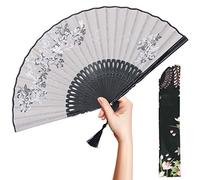 éventail pliant pour femme Omytea "Morning Glory". Style rétro vintage chinois/japonais, avec une poche protectrice en tissu, gris