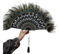 Eventail Plume Luxury Embroidery Sequin Peacock Folding Fan Dance Hand with Pendant Wedding Party Decoration(White)