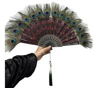 Eventail Plume Luxury Embroidery Sequin Peacock Folding Fan Dance Hand with Pendant Wedding Party Decoration(Red)