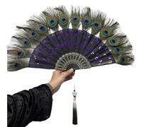 Eventail Plume Luxury Embroidery Sequin Peacock Folding Fan Dance Hand with Pendant Wedding Party Decoration(Purple)